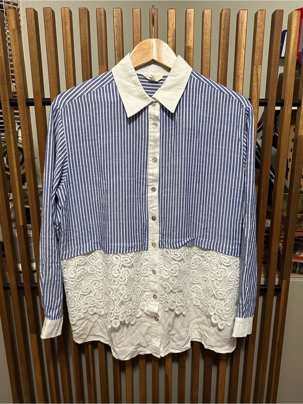 Entro Striped Lace Panel Button Down Shirt Blue White Boho Crochet Tunic
